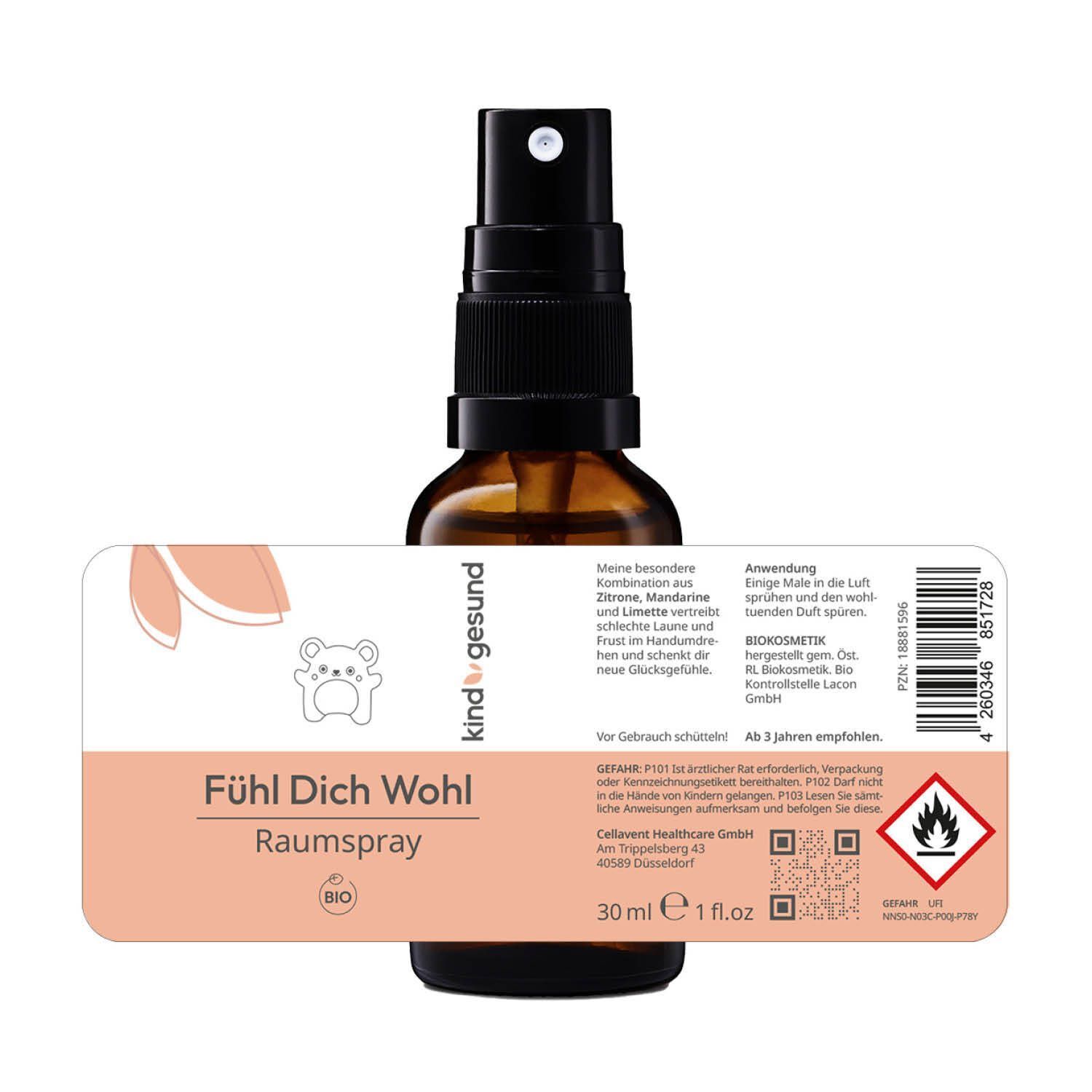 Braune Glasflasche mit Pumpsprühkopf, Etikett mit Bärenlogo und Text 'Fühl Dich Wohl'
Raumspray, 30 ml.