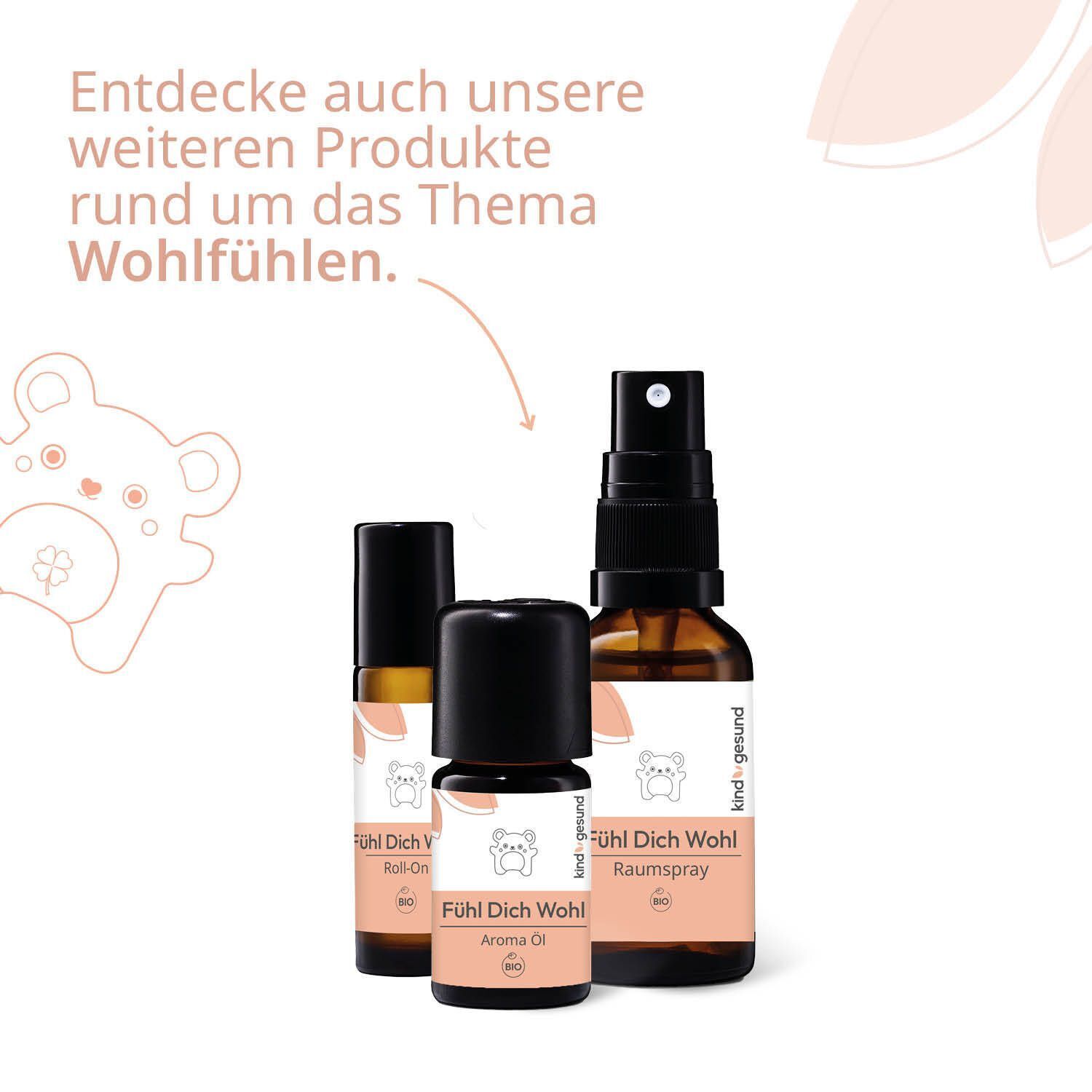 Drei braune Glasflaschen mit schwarzen Verschlüssen: ein Raumspray und zwei Roll-Ons. Etiketten zeigen einen Teddybären und Text.