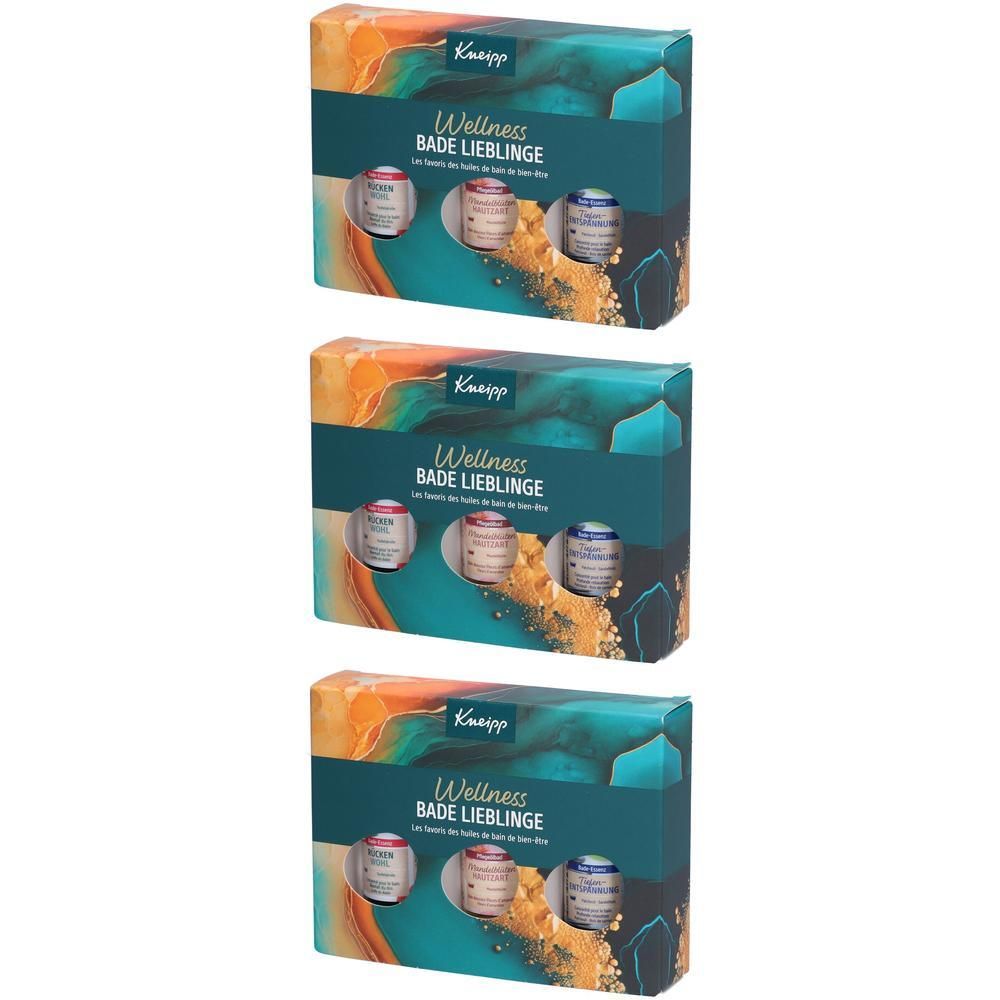 Drei Kneipp Geschenksets mit je drei Badeölfläschchen in einer Kartonverpackung.