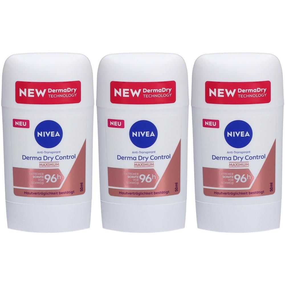 Drei NIVEA Derma Dry Control Maximum Deosticks. Weiße Behälter mit blauen und roten Etiketten. 96h Schutz.