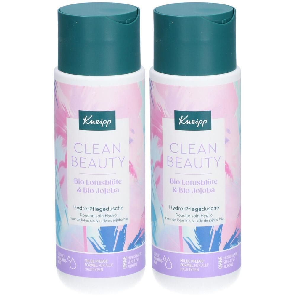Zwei Flaschen Kneipp Clean Beauty Hydro Pflegedusche Bio Lotusblüte & Bio Jojoba mit türkisfarbenen Verschlüssen und bunten Etiketten.