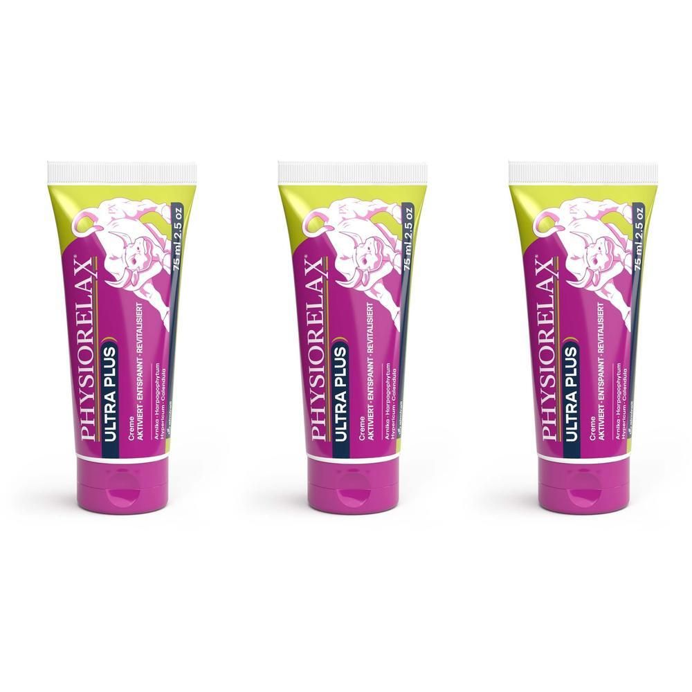 Drei Tuben PHYSIORELAX Ultra Plus Creme mit lila und gelbem Design und Abbildung von zwei Figuren.
