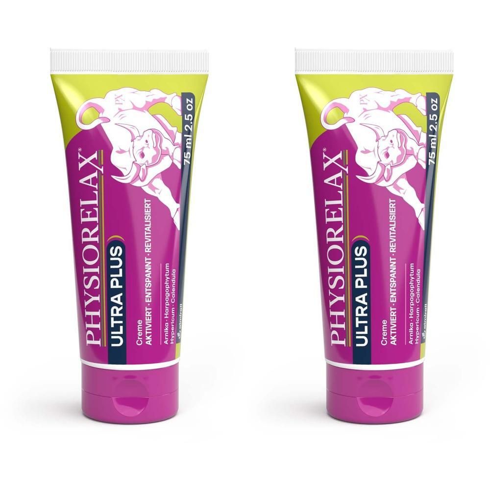 Zwei Tuben PHYSIORELAX Ultra Plus Creme, jeweils 75 ml. Lila und gelbes Design mit Stiermotiv.