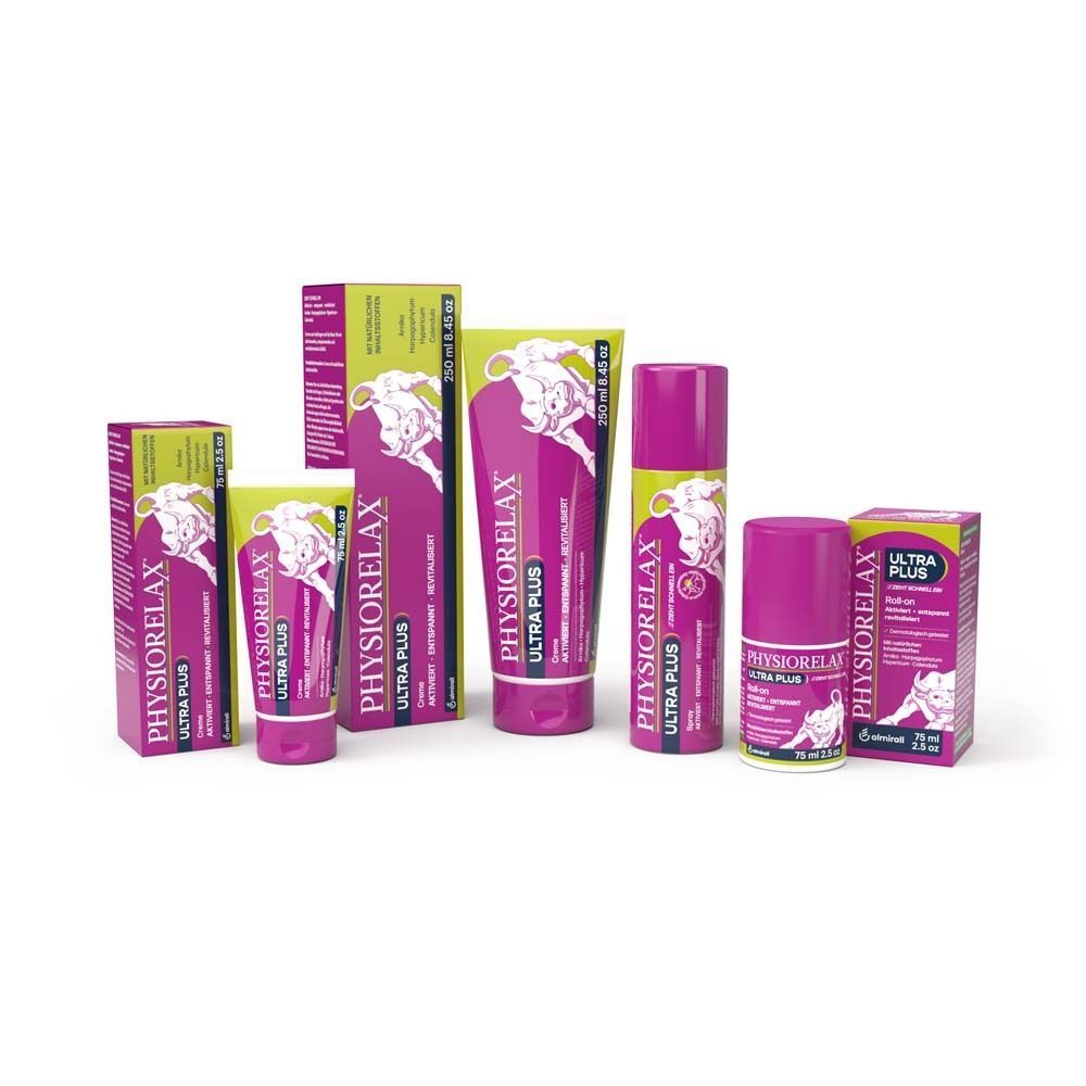 Mehrere PHYSIORELAX Ultra Plus Produkte in verschiedenen Größen, darunter Tuben und Schachteln.