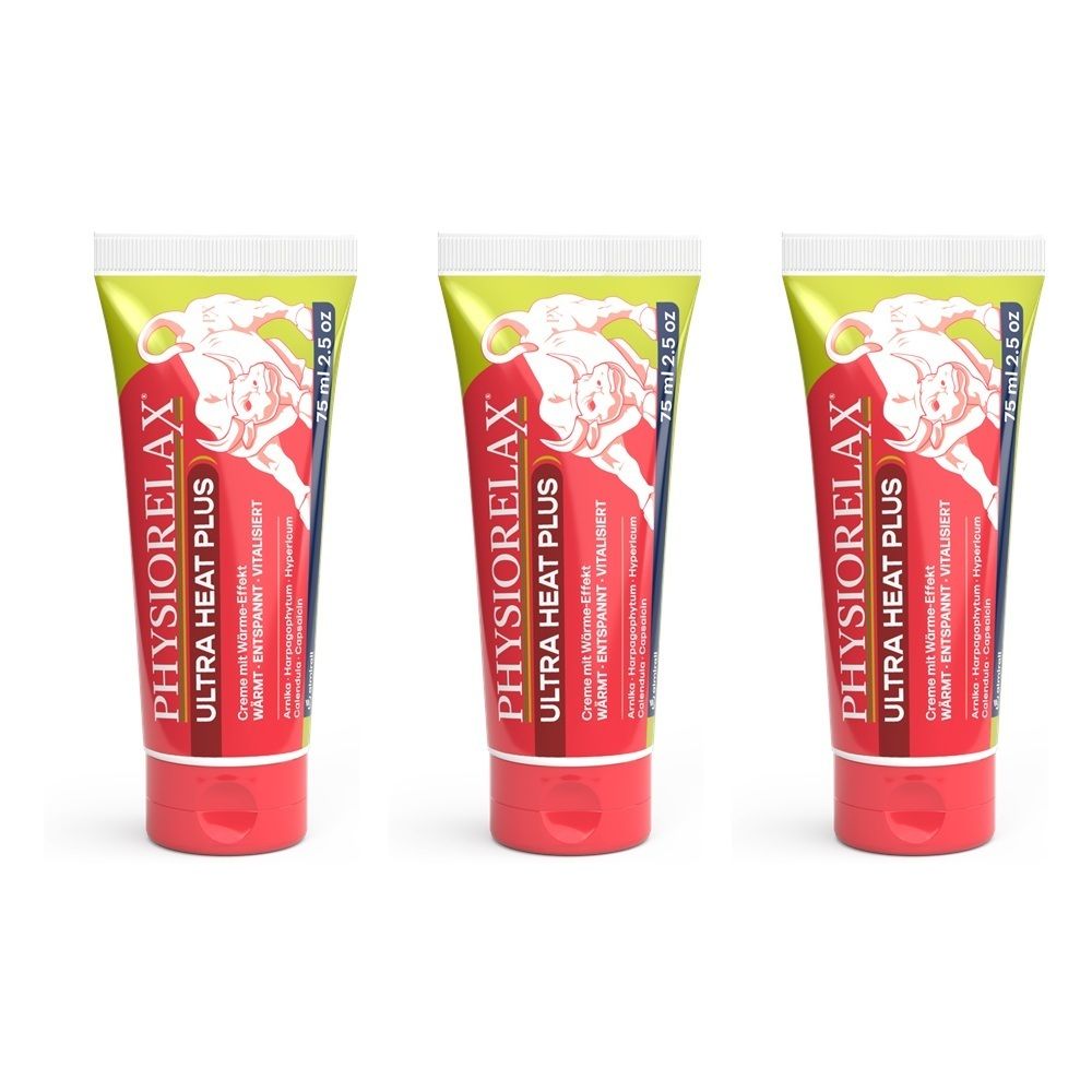 Drei Tuben Physiorelax Ultra Heat Plus Creme nebeneinander.