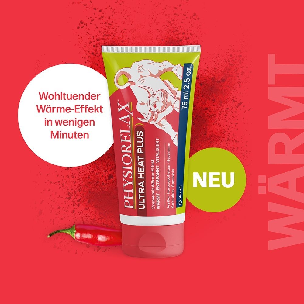 Tube Physiorelax Ultra Heat Plus Creme mit Chili und Text-Hinweis 'Wärme'.