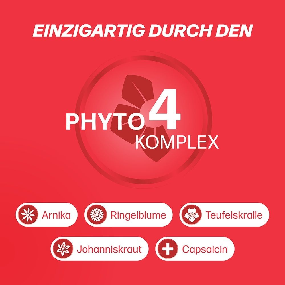 Logo 'Phyto 4 Komplex' mit Inhaltsstoffen: Arnika, Ringelblume, Teufelskralle, Johanniskraut, Capsaicin.