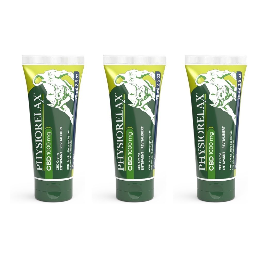 Drei Tuben Physiorelax CBD Creme mit je 75 ml / 2.5 oz.