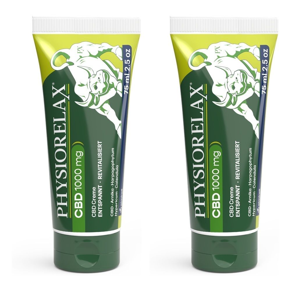 Zwei Tuben Physiorelax CBD Creme, 75 ml, mit stilisierter Stier-Grafik.