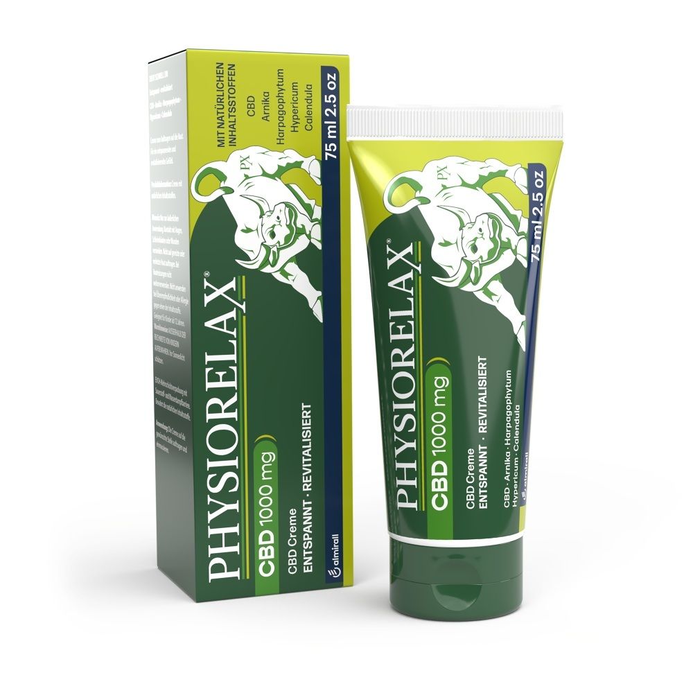 Eine Tube Physiorelax CBD Creme neben ihrer Verpackungsschachtel.