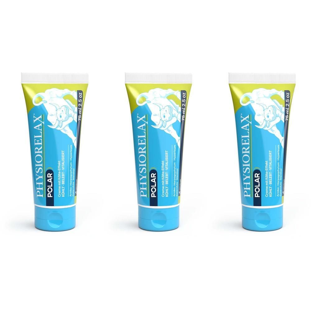 Drei Tuben PHYSIORELAX Polar Creme nebeneinander.
