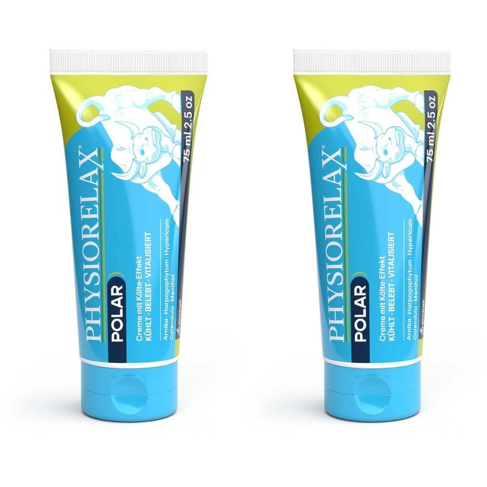 Zwei Tuben PHYSIORELAX Polar Creme, 75 ml. Blaue Tuben mit weißem Aufdruck und Abbildung eines Stiers.