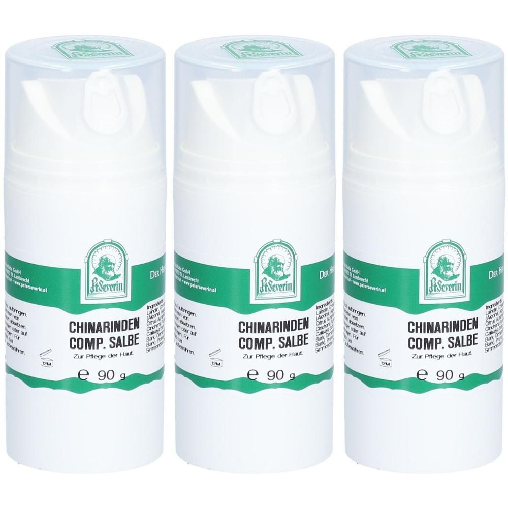 Drei weiße Spender mit je 90g CHINARINDEN COMP. SALBE, Marke St. Severin.
