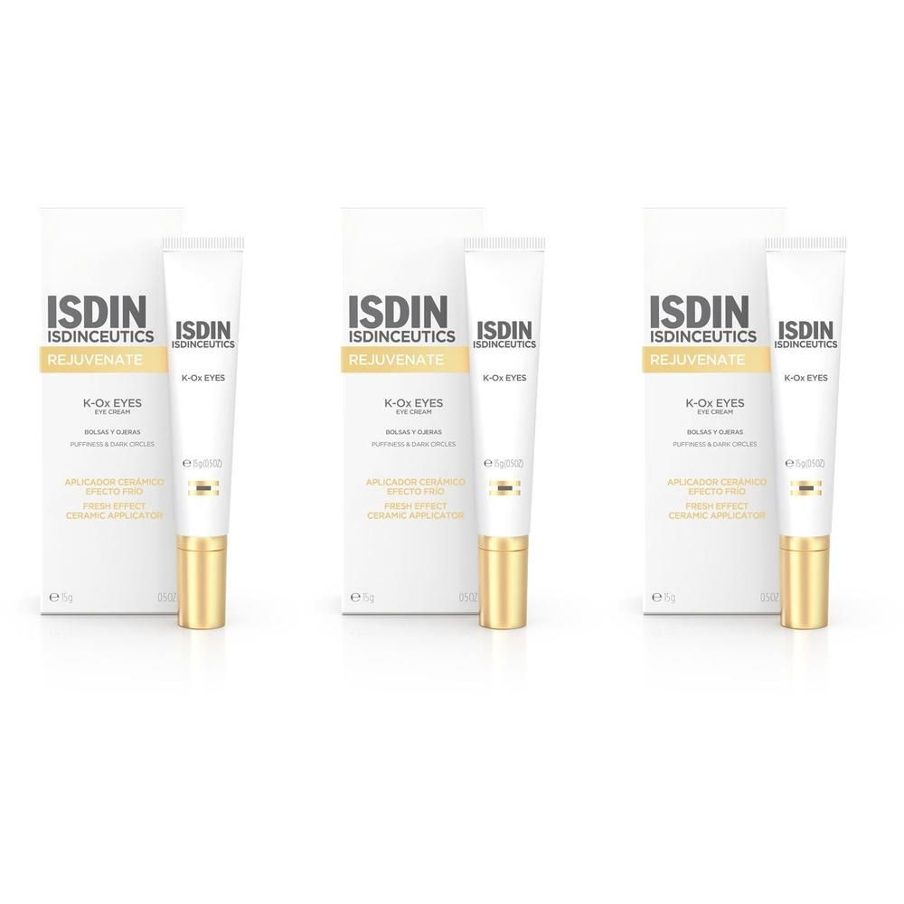 Drei Tuben Isdin Isdinceutics K-ox Eyes Augencreme mit Verpackung.