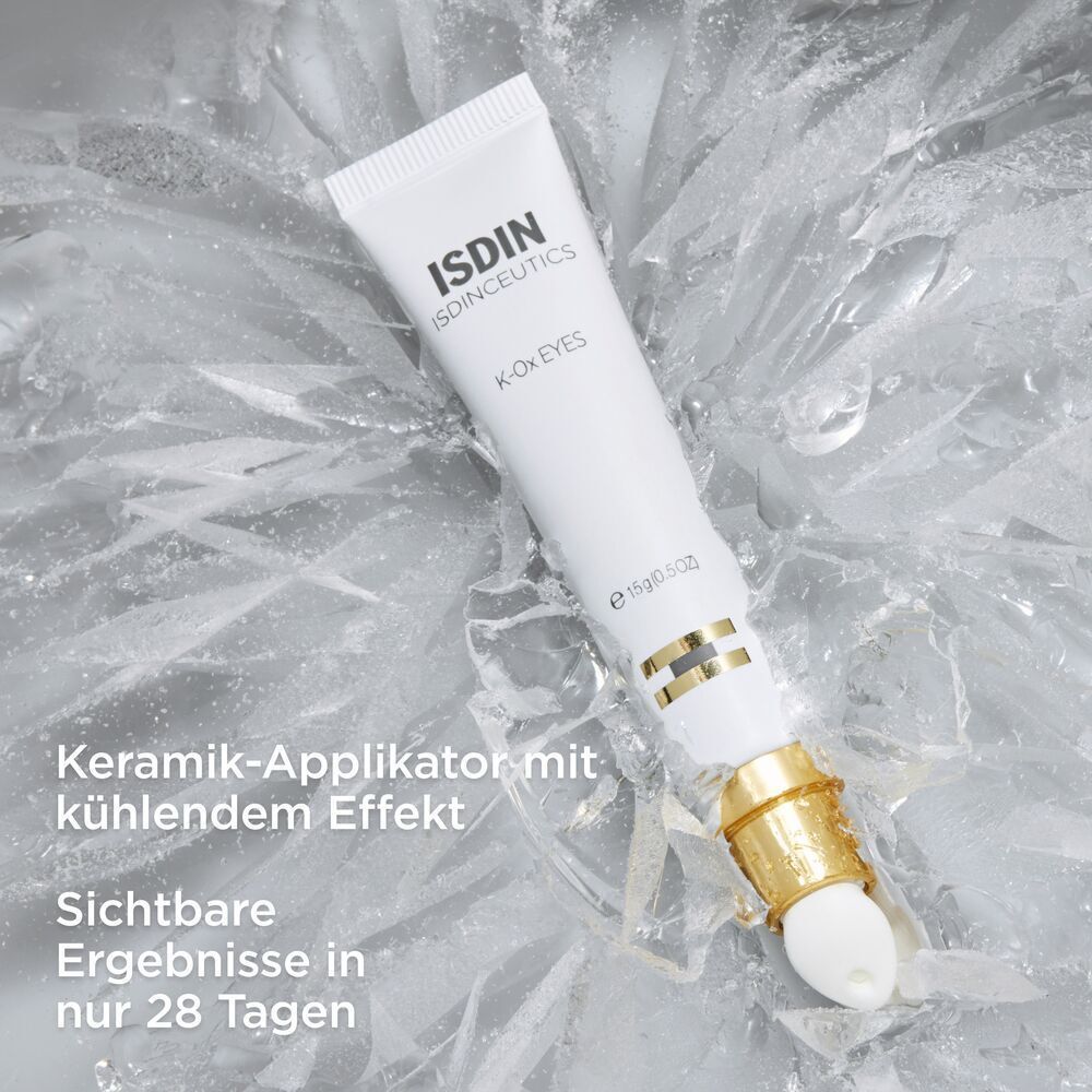 Tube Isdin Isdinceutics K-ox Eyes Augencreme mit Keramik-Applikator auf Eis.