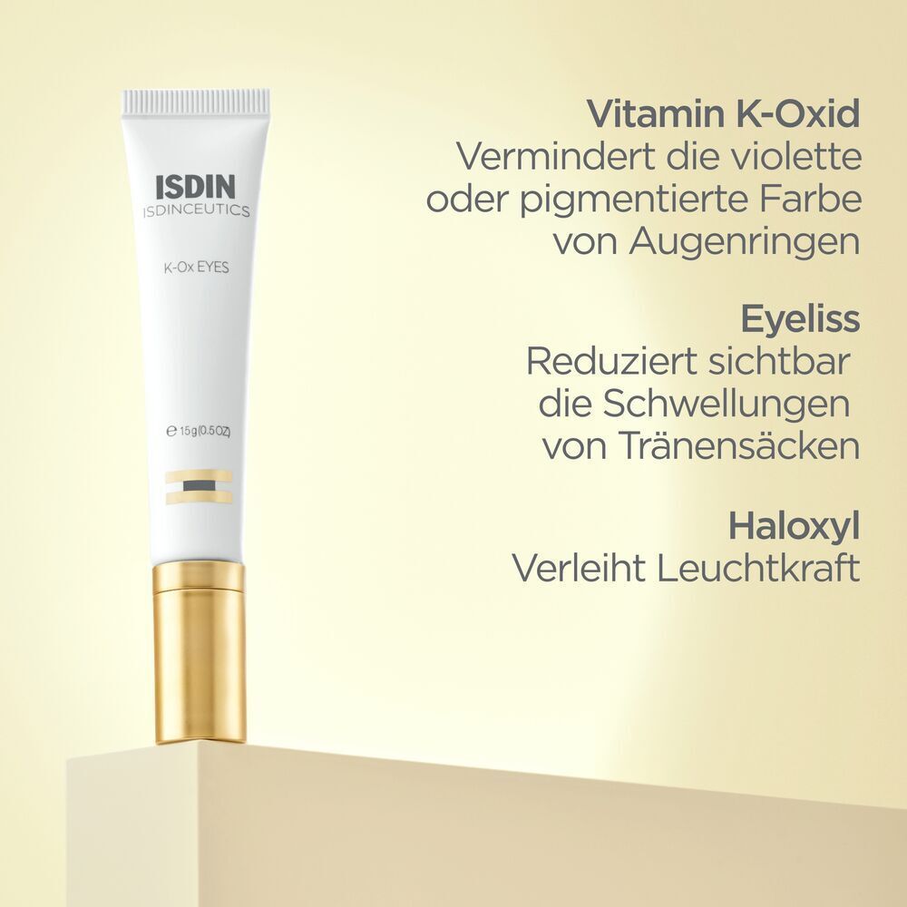 Tube Isdin Isdinceutics K-ox Eyes Augencreme mit Keramik-Applikator. 15g. Text über Vitamin K-Oxid, Eyeliss, Haloxyl.