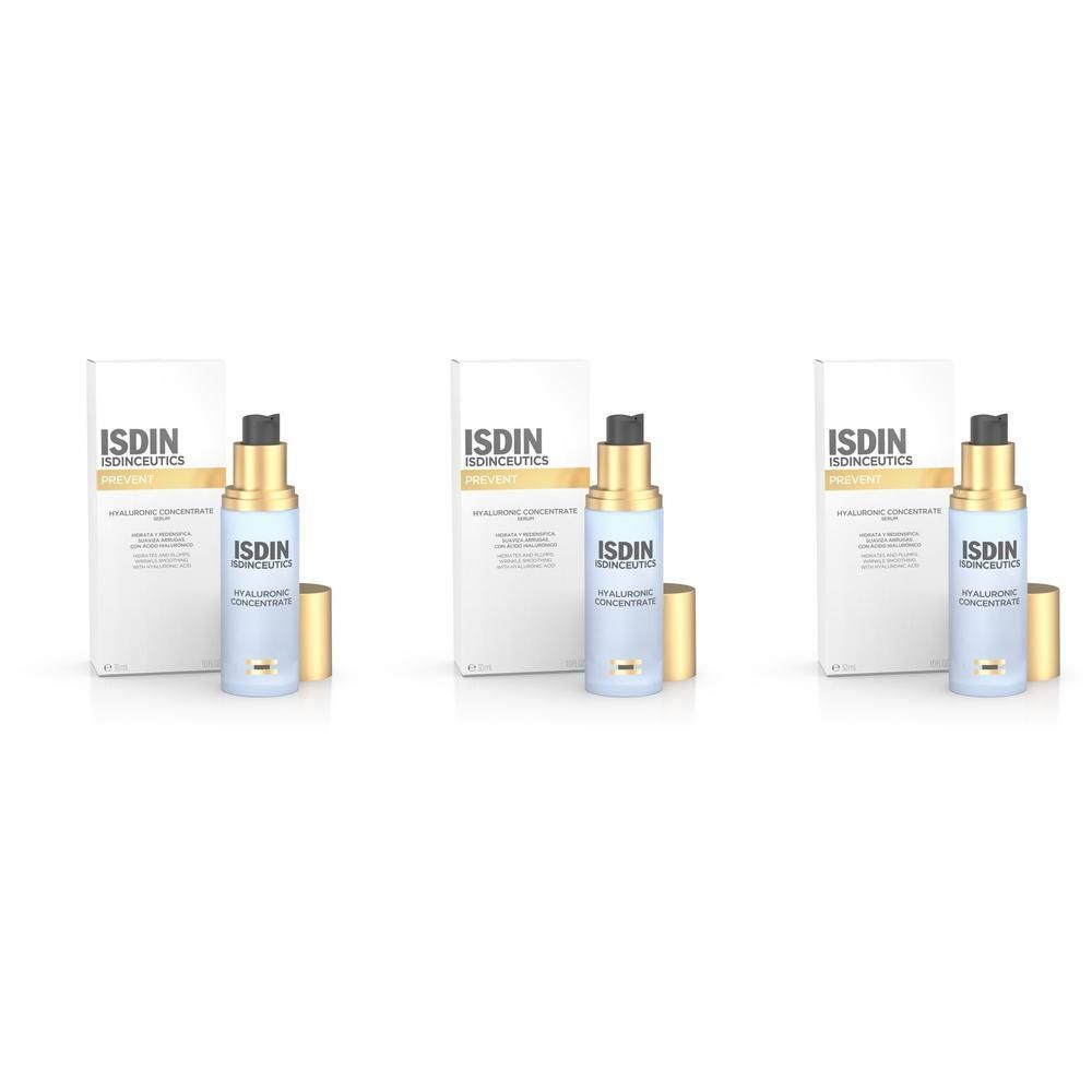 Drei Flaschen Isdin Isdinceutics Hyaluronic Concentrate Serum mit Verpackung.