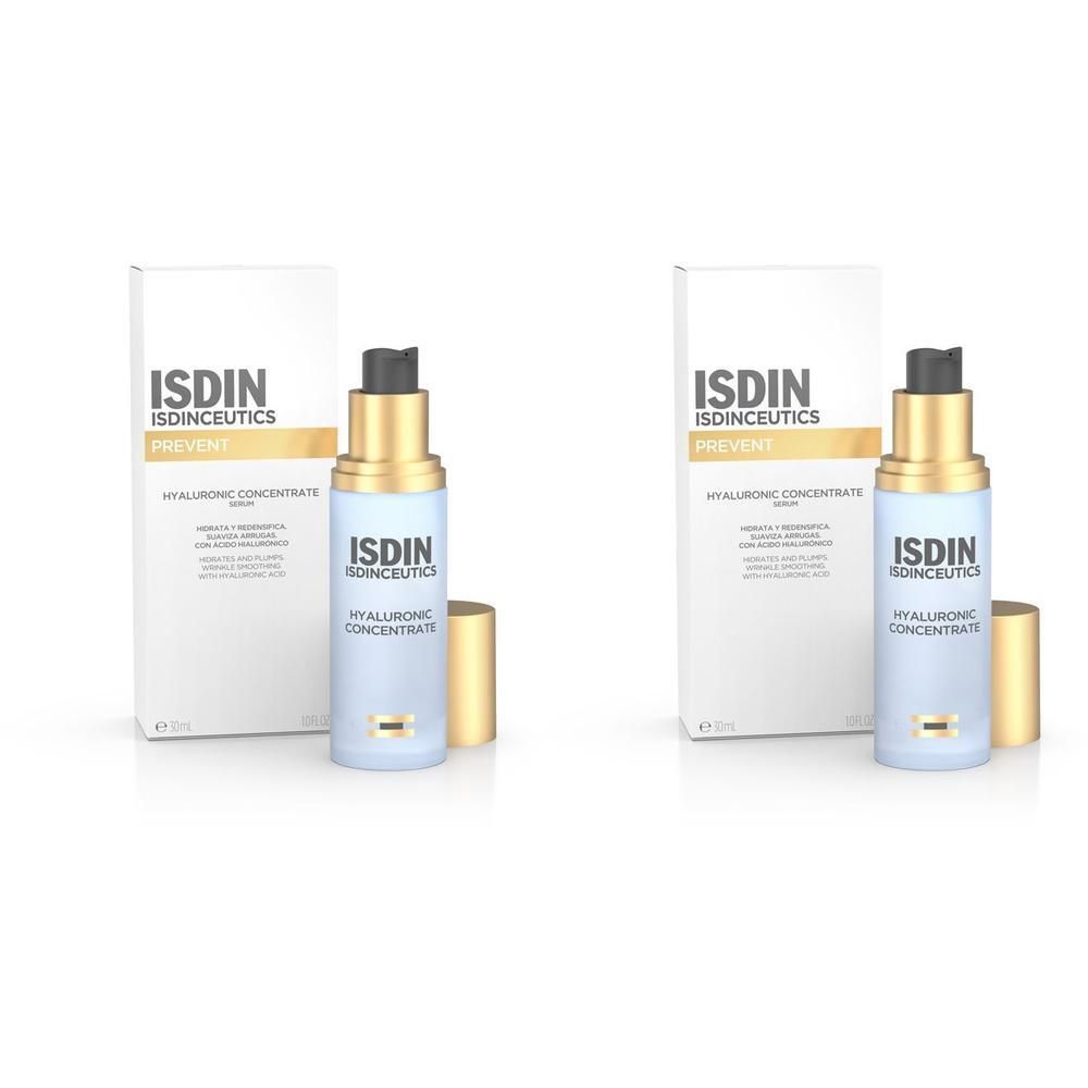 Zwei Flaschen Isdin Hyaluronic Concentrate Serum mit Spendern und Kartons.