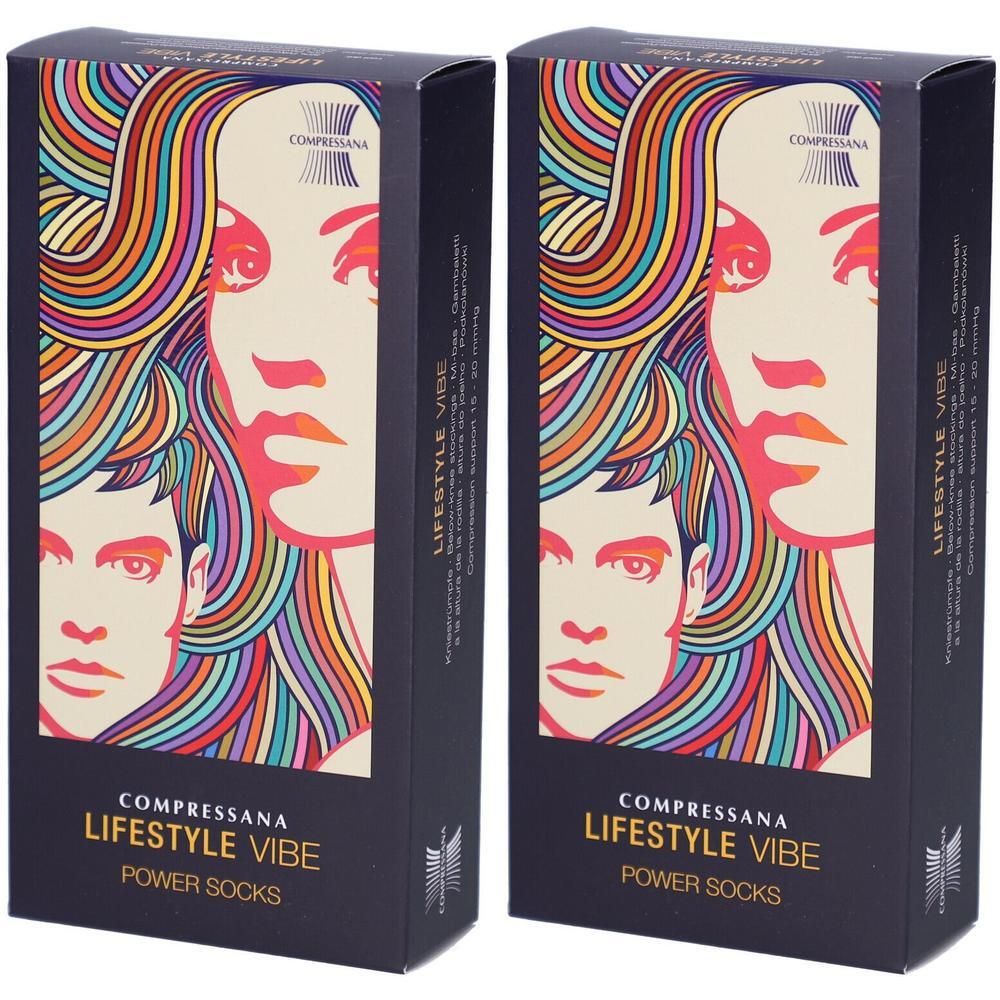 Zwei Packungen Compressana Lifestyle Vibe Power Socks in Schwarz mit buntem Haar-Design.