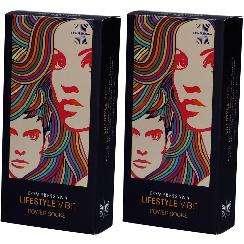 Zwei Packungen Compressana Lifestyle Vibe Power Socks mit grafischem Design von Gesichtern und bunten Haaren.
