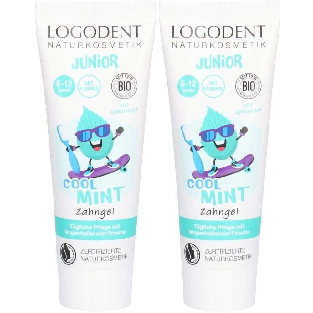 Zwei Tuben Logodent Junior Zahngel Cool Mint mit Minz-Motiv und Skateboard.
