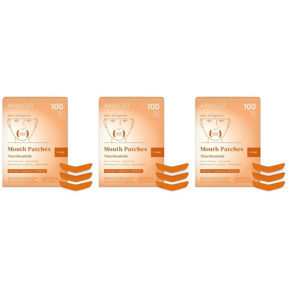 Drei Packungen APRICOT Mund Patches Niacinamid, daneben drei einzelne Patches.