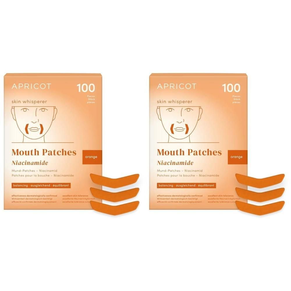 Zwei Packungen Mund-Patches Niacinamid und drei einzelne Patches.