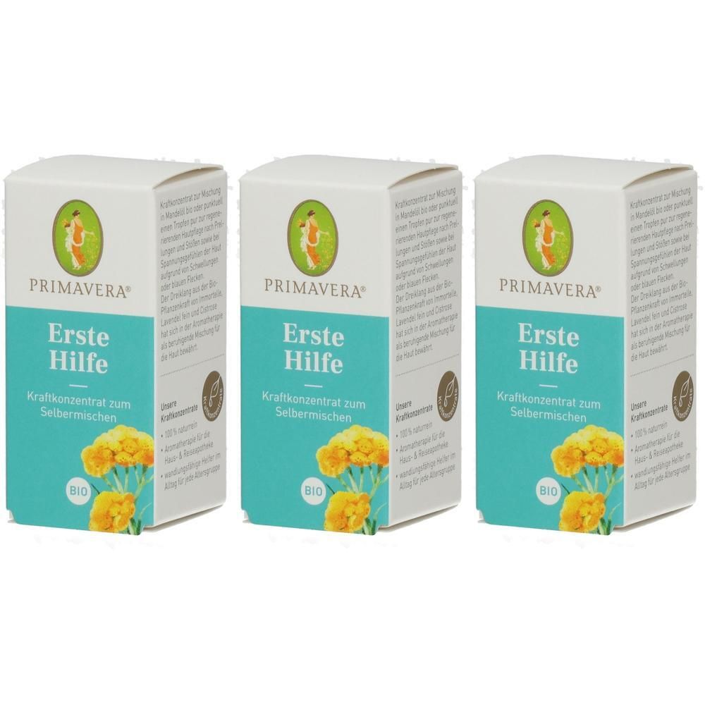 Drei Packungen Primavera Erste Hilfe Kraftkonzentrat mit gelben Blüten und BIO-Siegel.