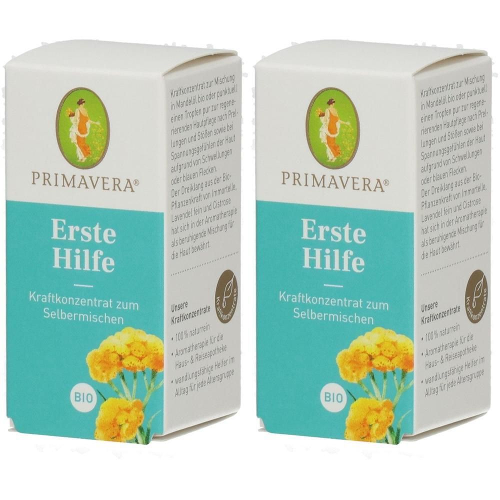 Zwei Primavera Erste Hilfe Kraftkonzentrat Schachteln mit gelben Blumen und BIO Siegel.