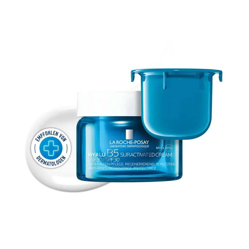 La Roche Posay Hyalu B5 Suractivated Cream LSF 30 mit Schutzdeckel und Dermatologen-Siegel.