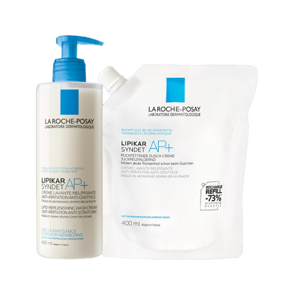 La Roche Posay Lipikar Syndet AP+ Flasche mit Pumpspender und Nachfüllbeutel.