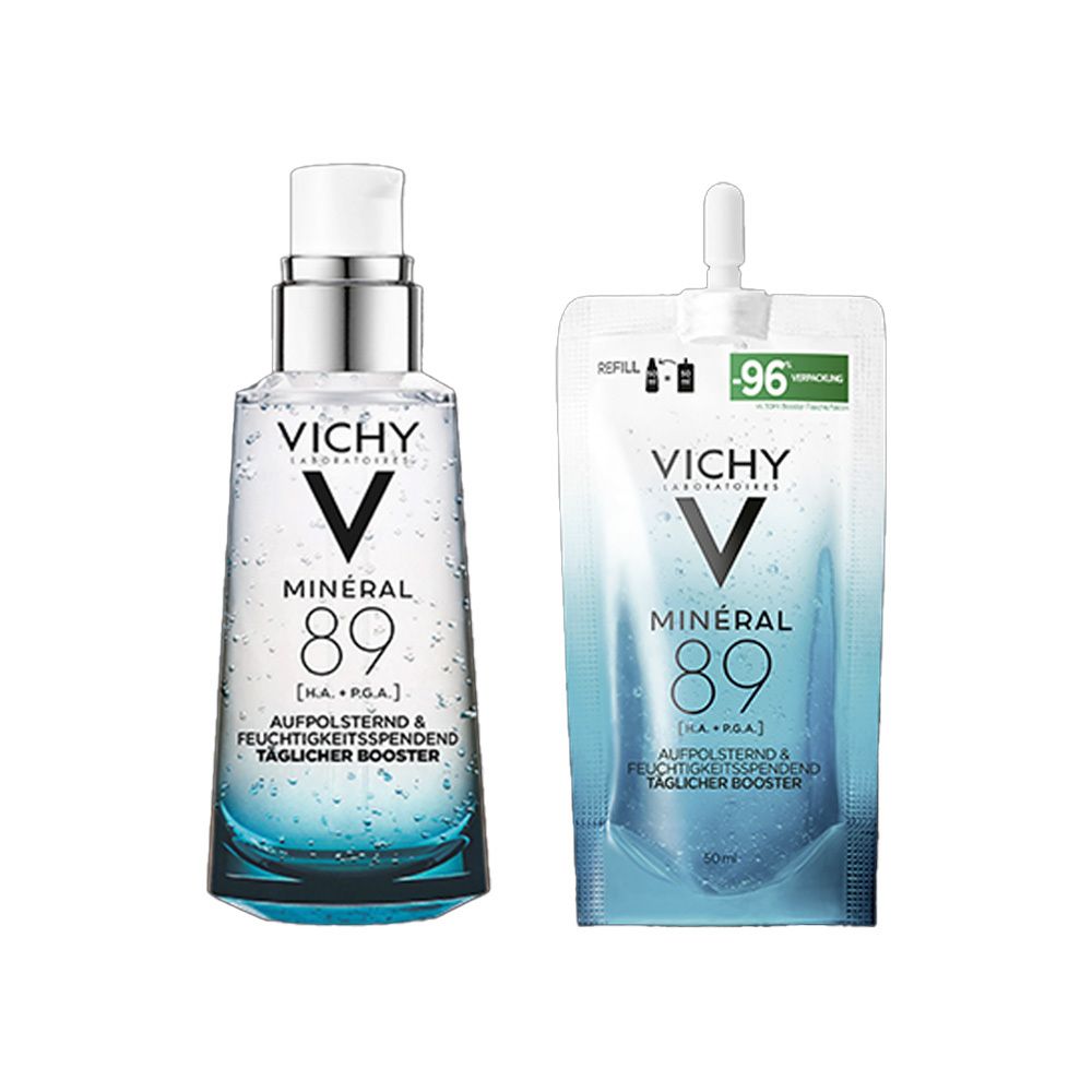 Vichy Minéral 89 Hyaluron-Boost Flasche und Nachfüllpackung.