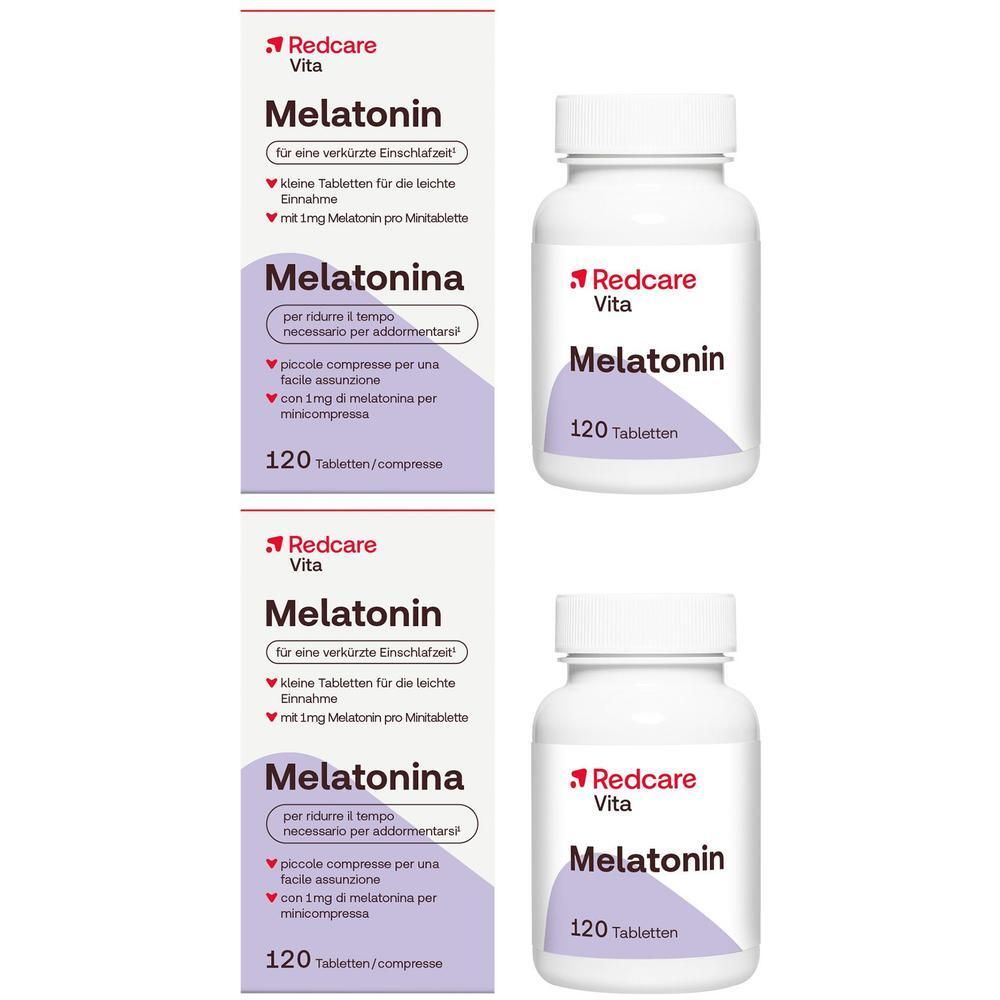 Zwei Packungen und Flaschen Redcare Vita Melatonin Tabletten, 120 Stück pro Flasche.