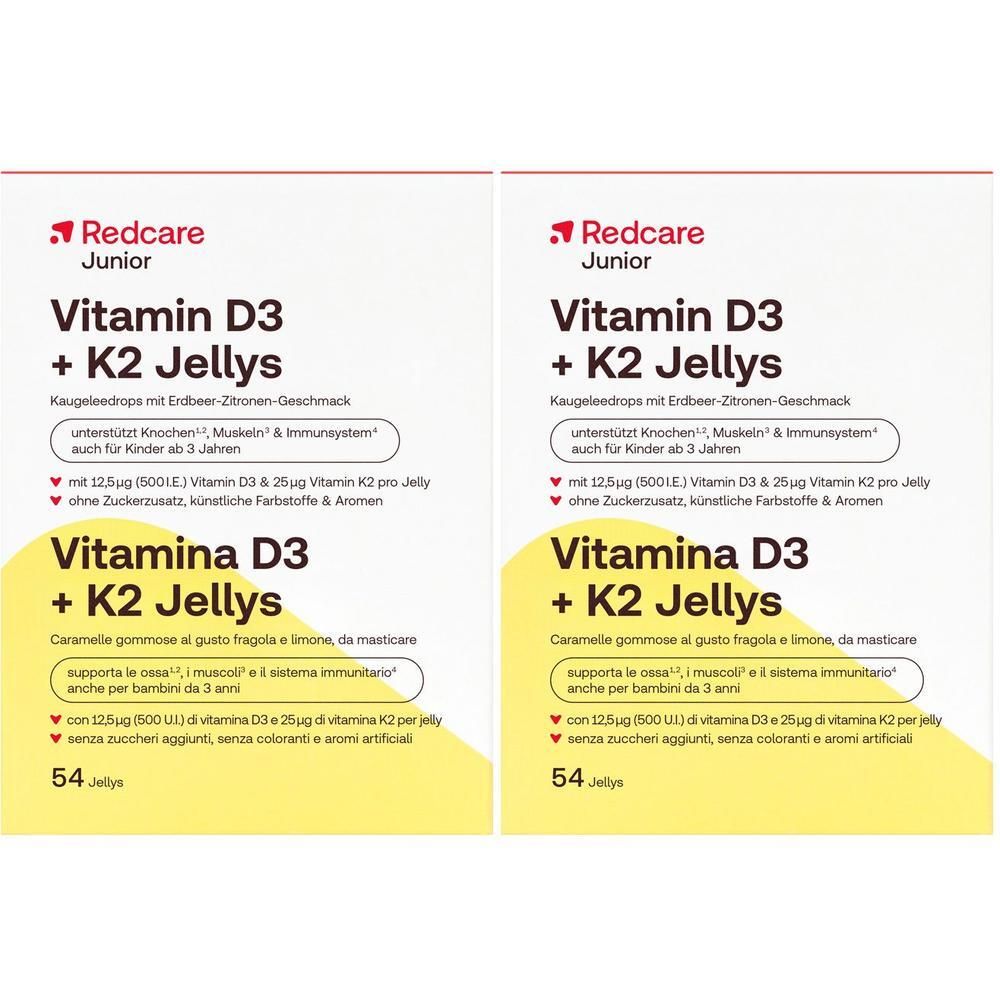 Zwei Packungen Redcare Junior Vitamin D3 + K2 Gummis, Erdbeer-Zitronen-Geschmack.