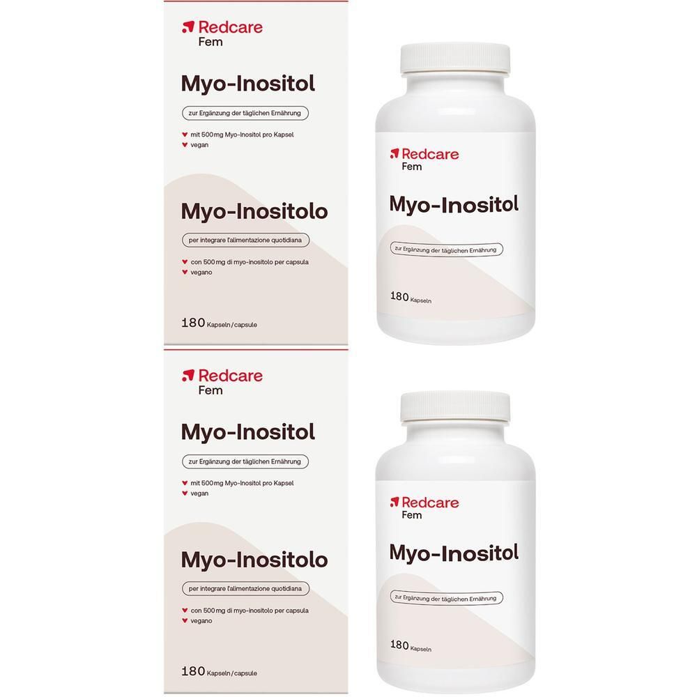 Zwei Packungen und zwei Flaschen Redcare Fem Myo-Inositol Kapseln, 180 Stück pro Packung/Flasche.