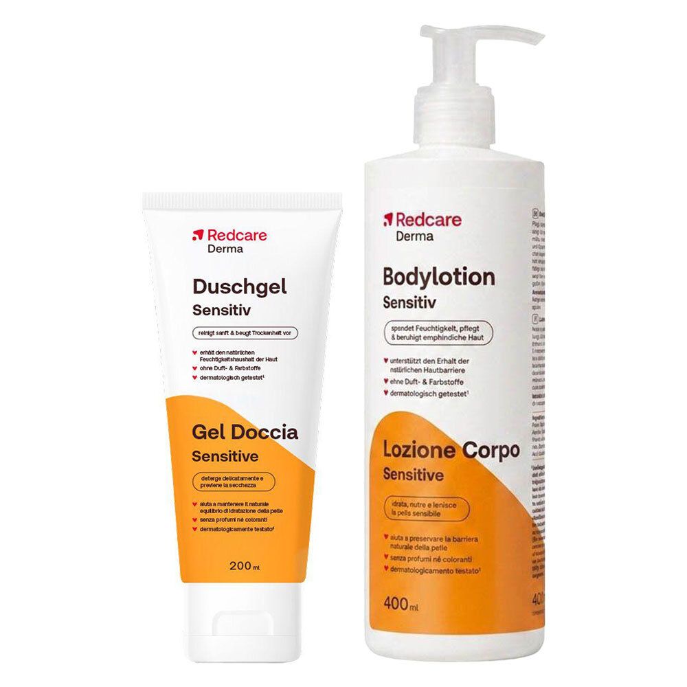 Redcare Derma Duschgel und Bodylotion Sensitiv in weißen Flaschen.