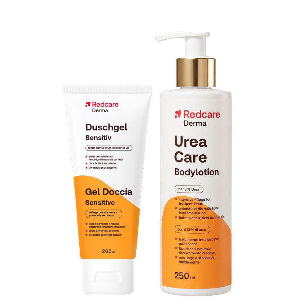 Redcare Derma Urea Care Bodylotion und Duschgel Sensitiv. Pumpflasche und Tube.