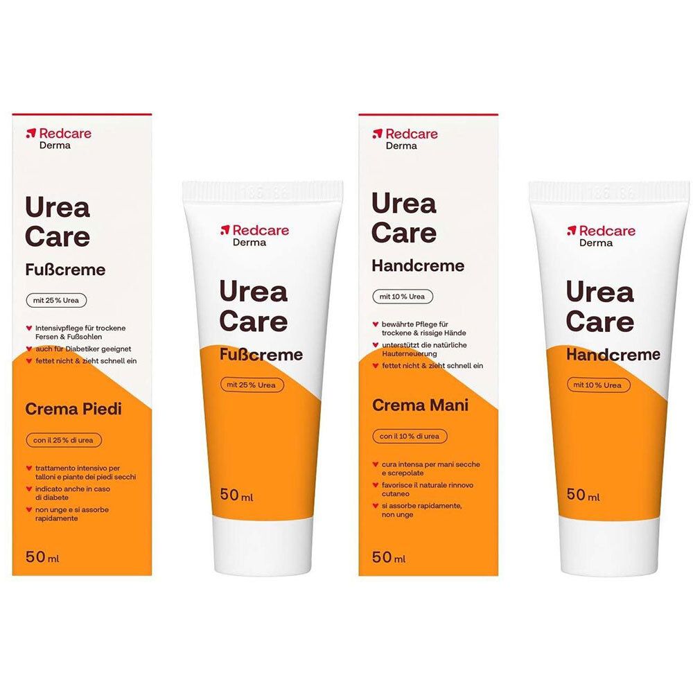 Redcare Urea Care Fußcreme und Handcreme mit 20% Urea. Zwei Tuben und Faltschachteln.