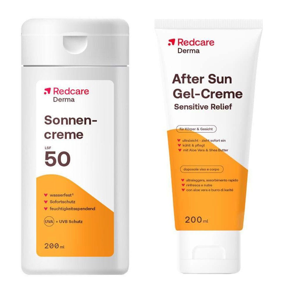 Redcare Sonnencreme LSF 50 und Redcare Derma After Sun Gel-Creme Sensitive Relief.