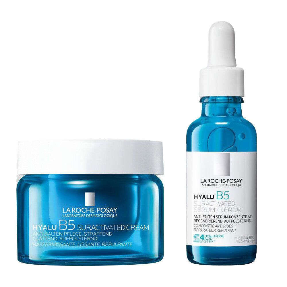 La Roche Posay Hyalu B5 Serum und Creme in blauen Glasbehältern.
