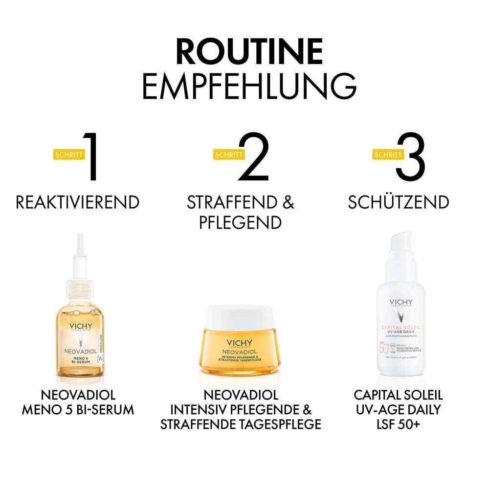 Routine-Empfehlung: Serum, Tagespflege und Sonnenschutz für reife Haut.