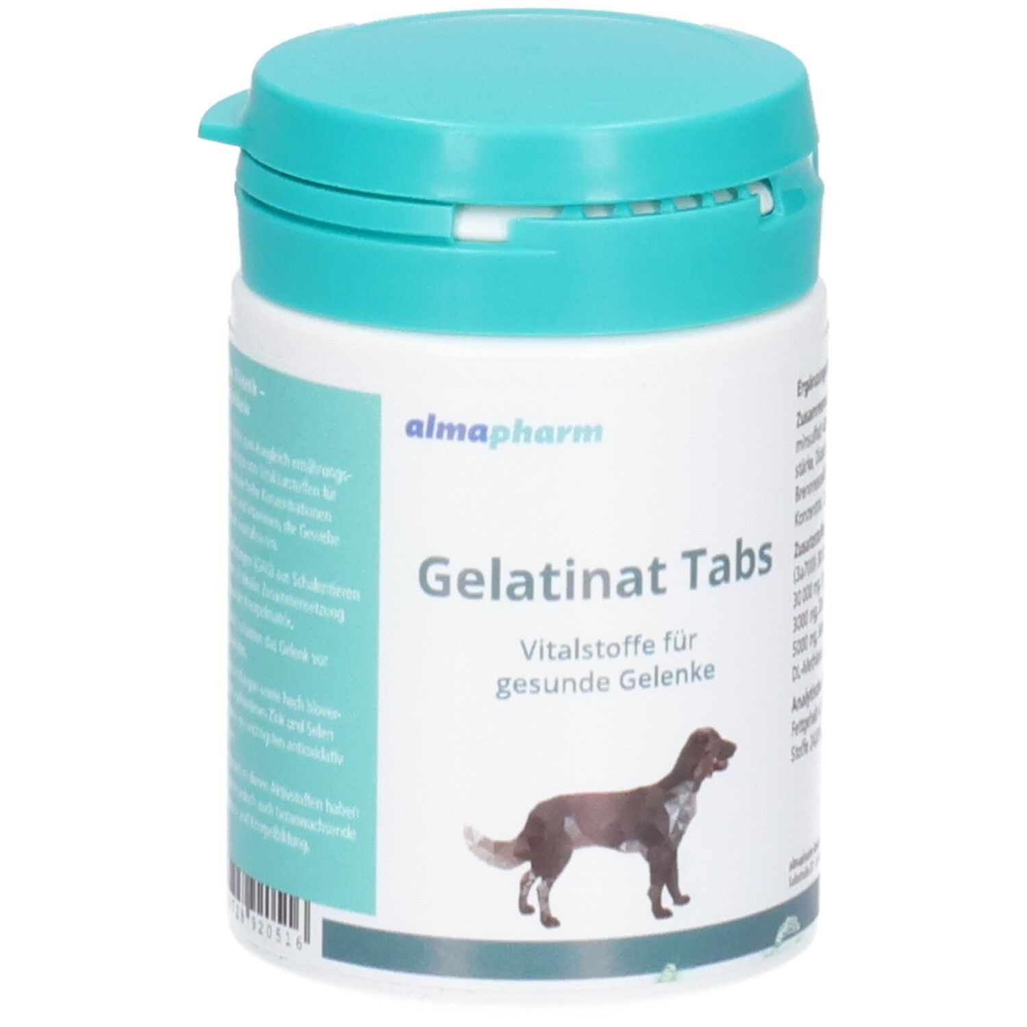 Weiße Dose mit blauem Etikett für almapharm Gelatinat Tabs, Vitalstoffe für gesunde Gelenke.