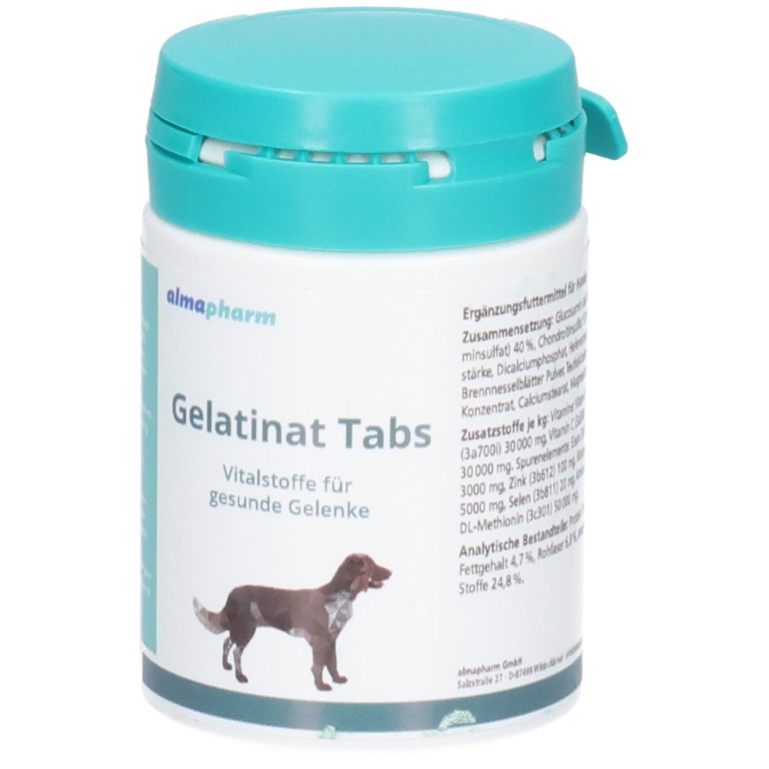 Weiße Dose mit blauem Etikett für almapharm Gelatinat Tabs, Vitalstoffe für gesunde Gelenke.