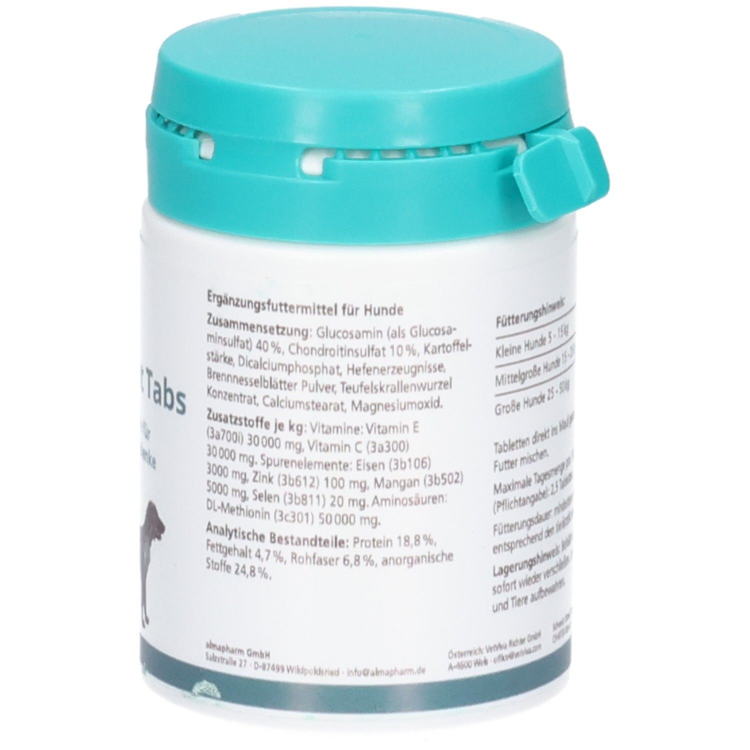 Almapharm Gelatinat Tabs für gesunde Gelenke, 30 Tabletten à 24 g, mit Dosierungshinweisen.