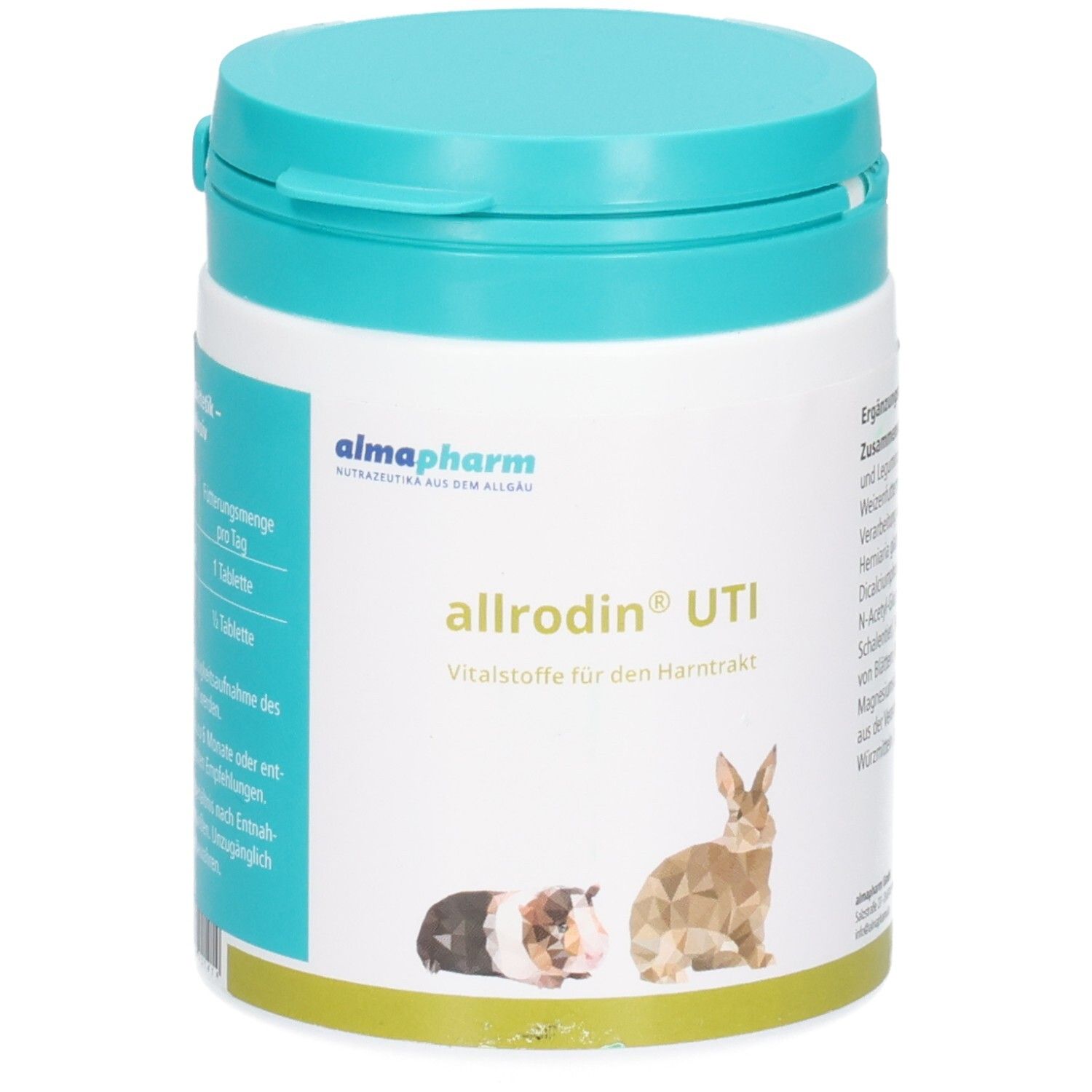 Almapharm Allrodin UTI Ergänzungsfuttermittel für Kleintiere, 100g Dose mit blauem Deckel.