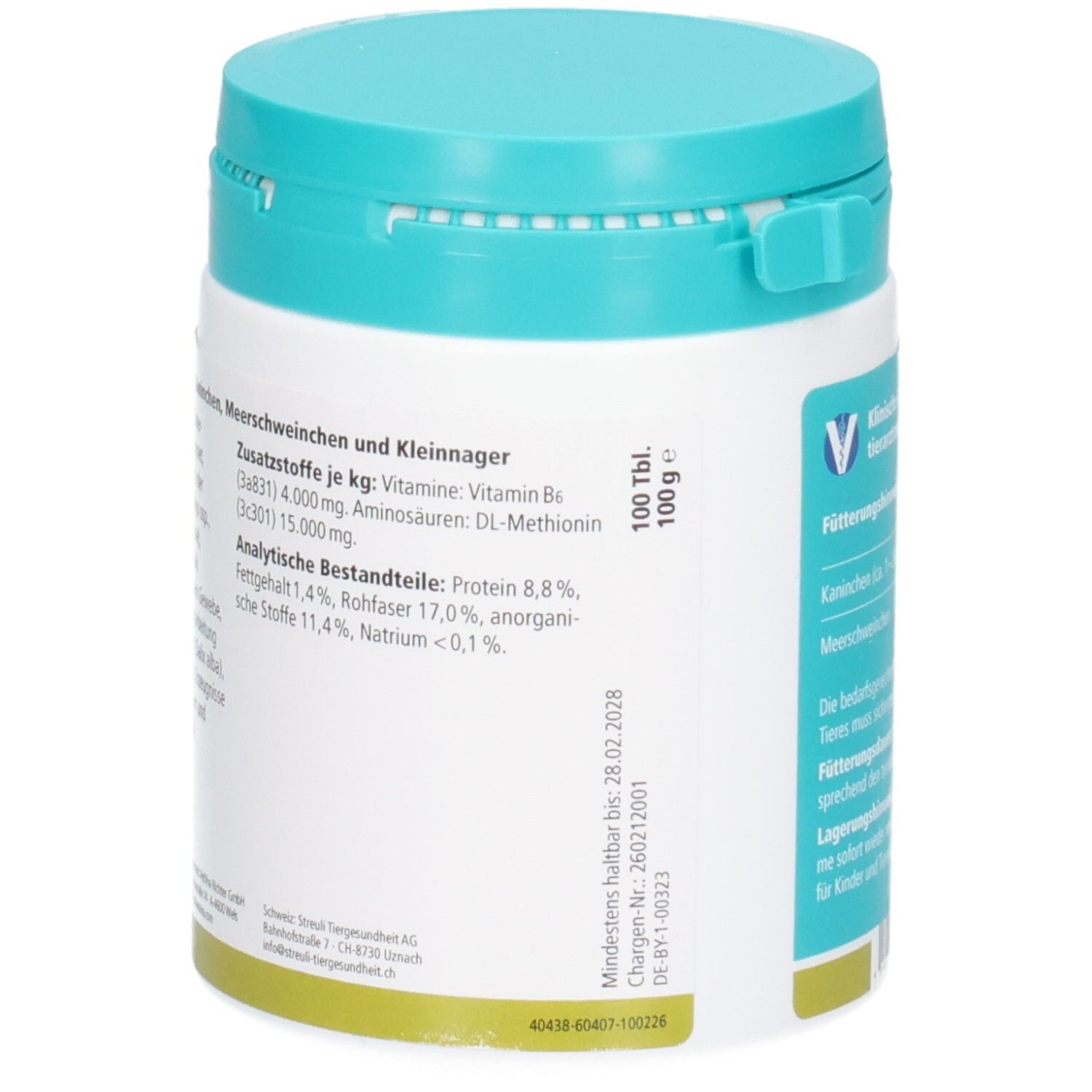 Seitenansicht der Almapharm Allrodin UTI Dose mit Angabe von 100g Inhalt und analytischen Bestandteilen.