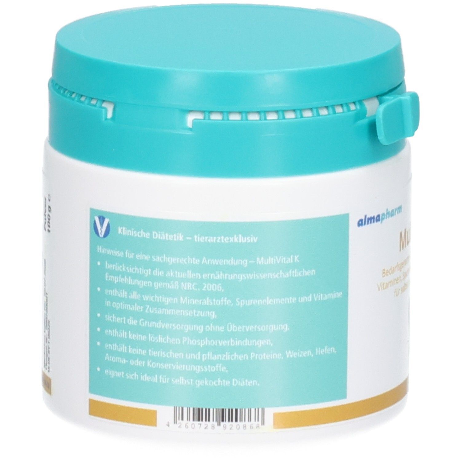 Almapharm EnteriVet fibrosan: Ballaststoffergänzung mit Cellulose für Hunde und Katzen. Weißer Behälter mit türkisfarbenem Deckel, 400g.