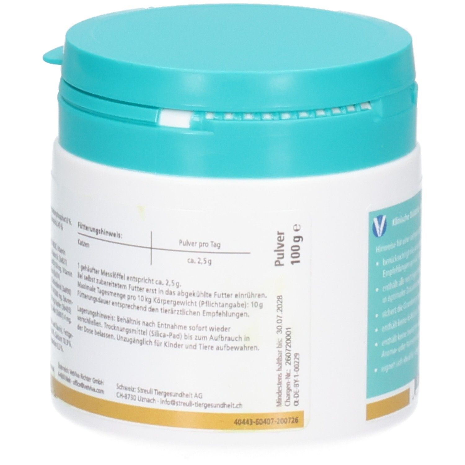 Almapharm MultiVital K: Hypoallergenes Pulver für Katzen. Weißer Behälter mit türkisfarbenem Deckel, 100g.