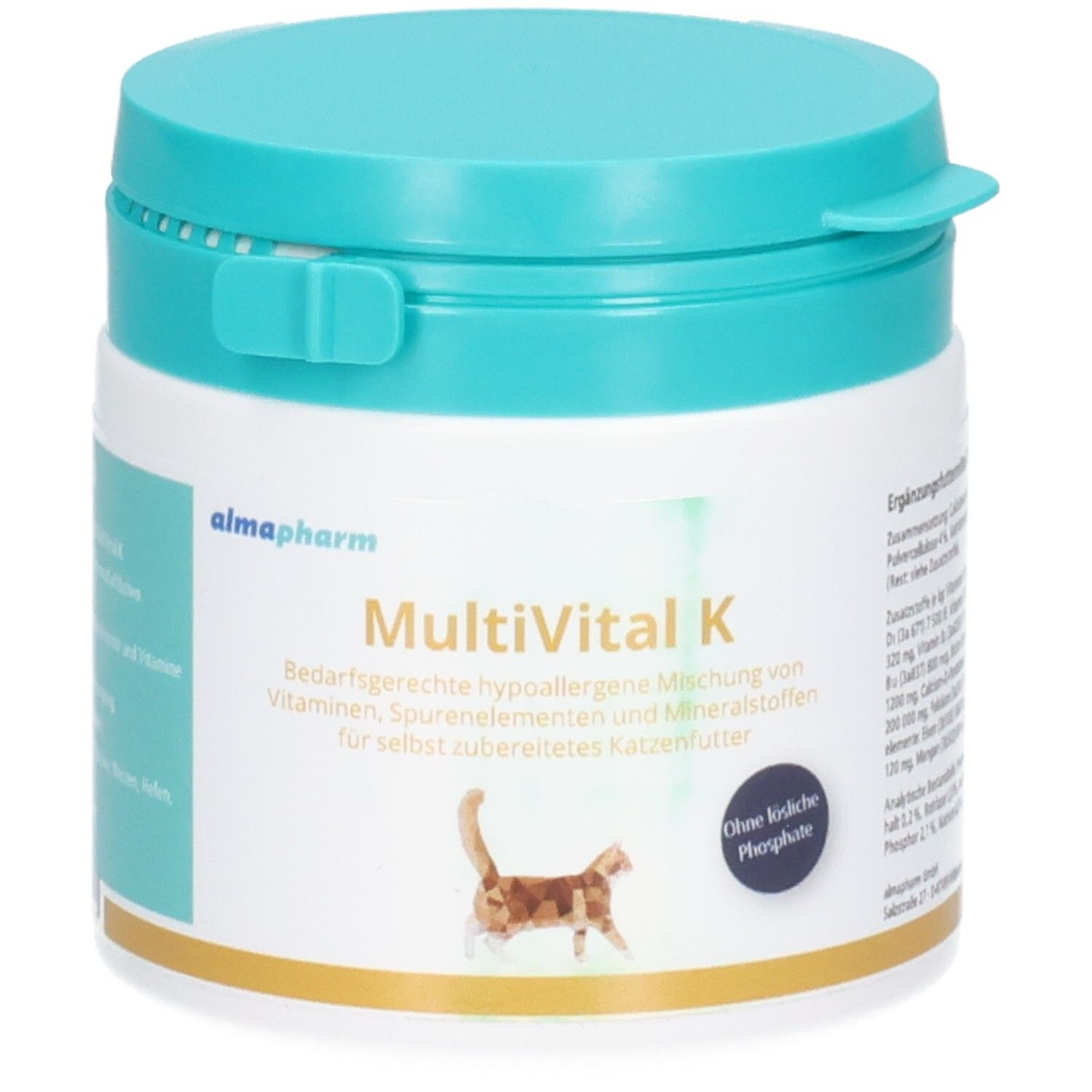 Almapharm EnteriVet fibrosan: Ballaststoffergänzung mit Cellulose für Hunde und Katzen. Weißer Behälter mit türkisfarbenem Deckel.