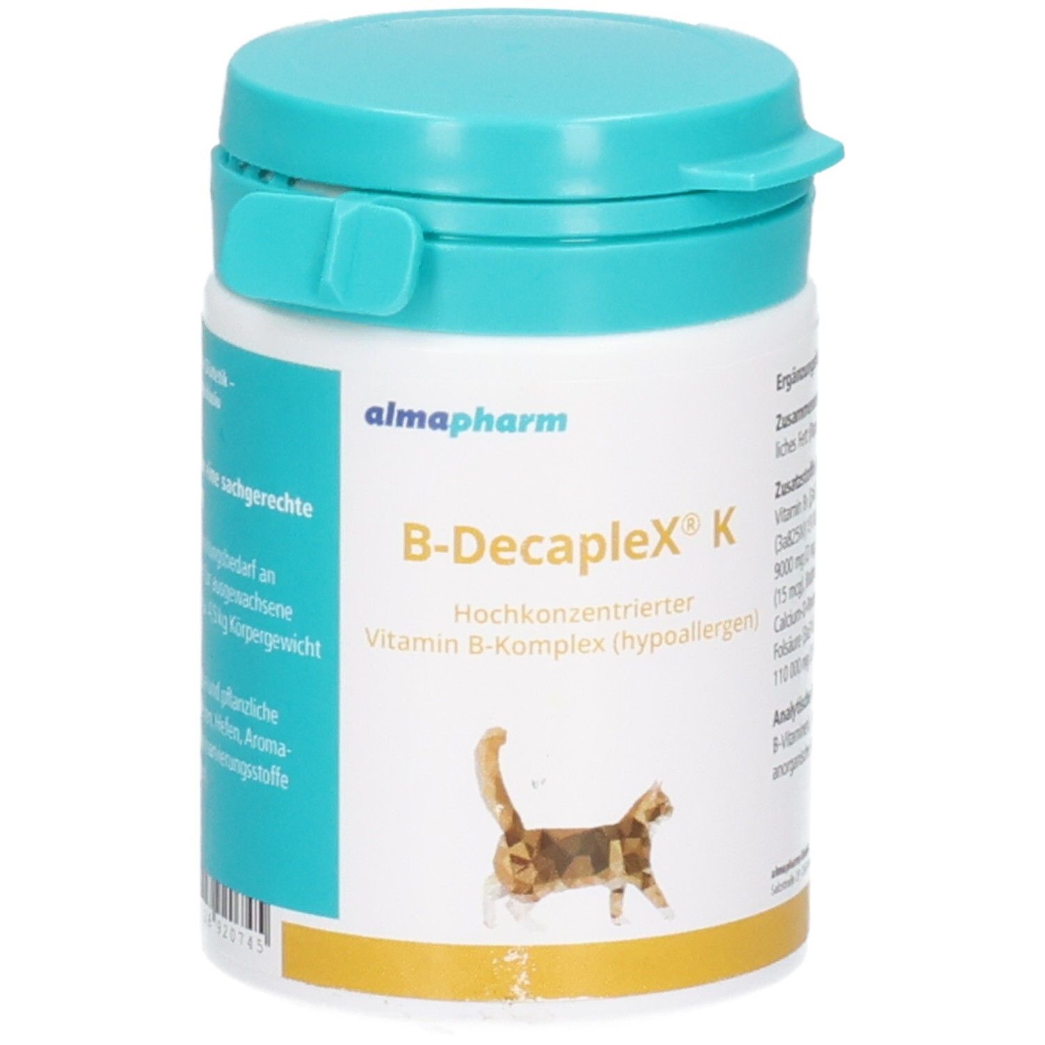 Almapharm B-Decaplex K, hochkonzentrierter Vitamin B-Komplex (hypoallergen) in einem weißen Behälter mit türkisfarbenem Deckel.